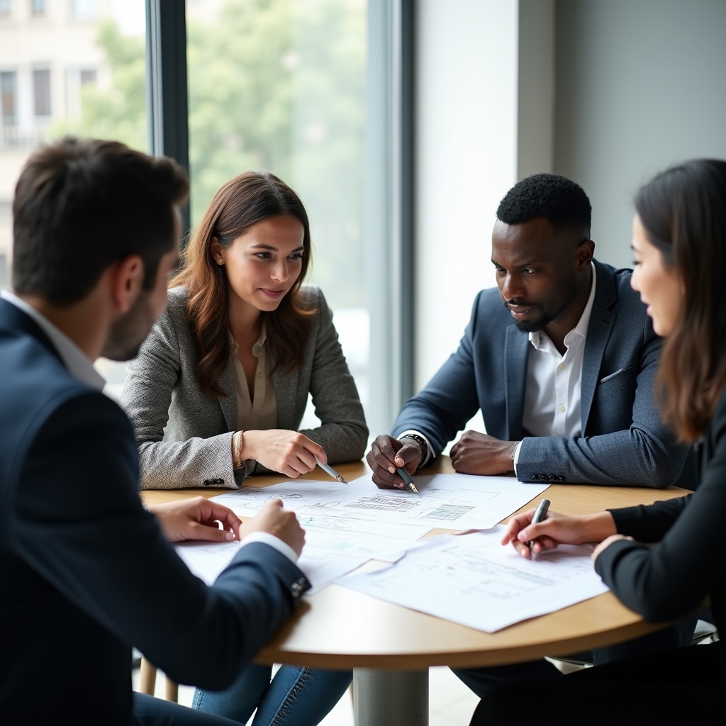 Group of people reviewing a collective real estate financing document together