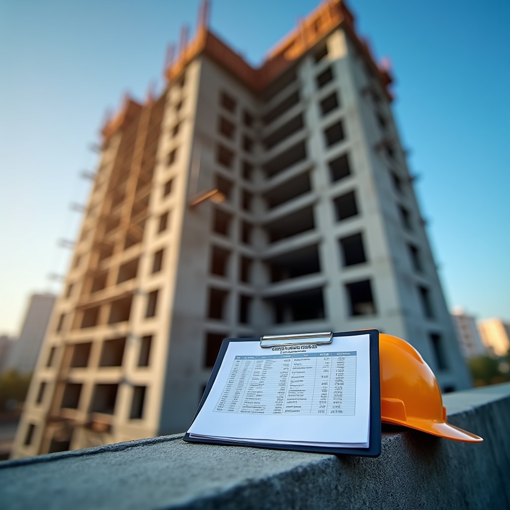 Construction site with cost analysis documents in foreground