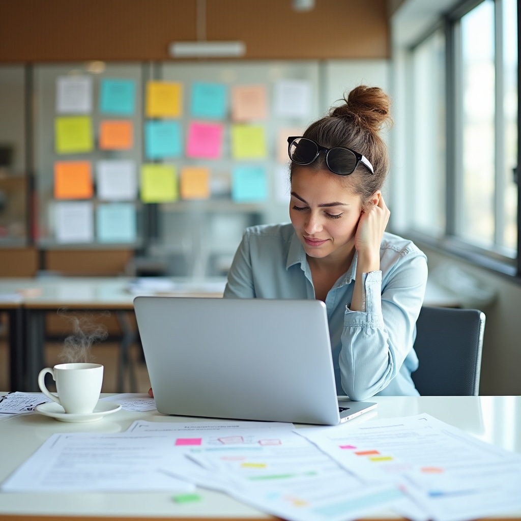 Curriculum designer working on educational content structure at a bright workspace