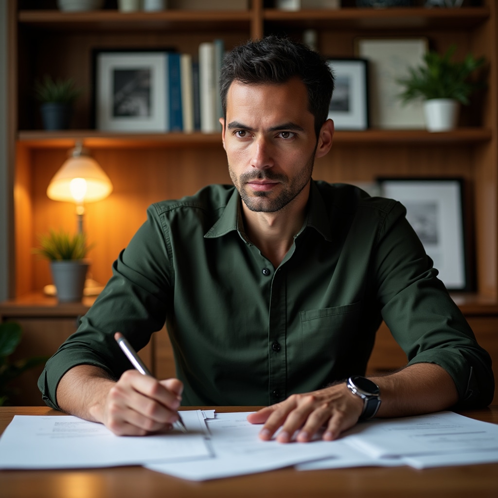 Urban economics instructor reviewing course materials at a desk