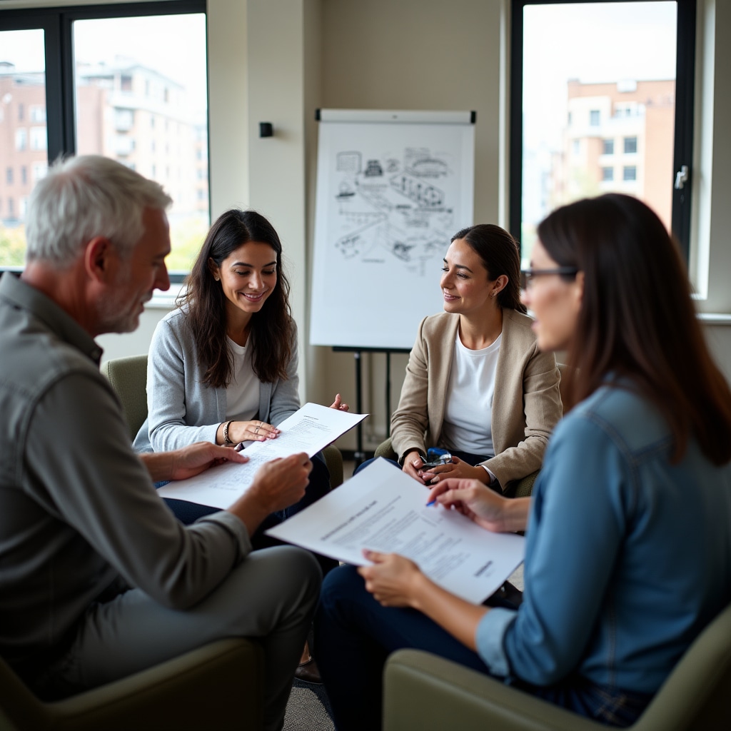 Professional learning session with a small group reviewing urban development case studies