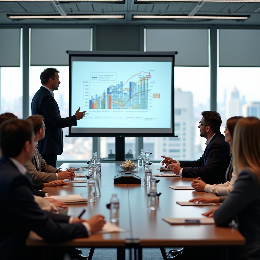 Professional workshop on real estate economics with participants reviewing documents at a conference table
