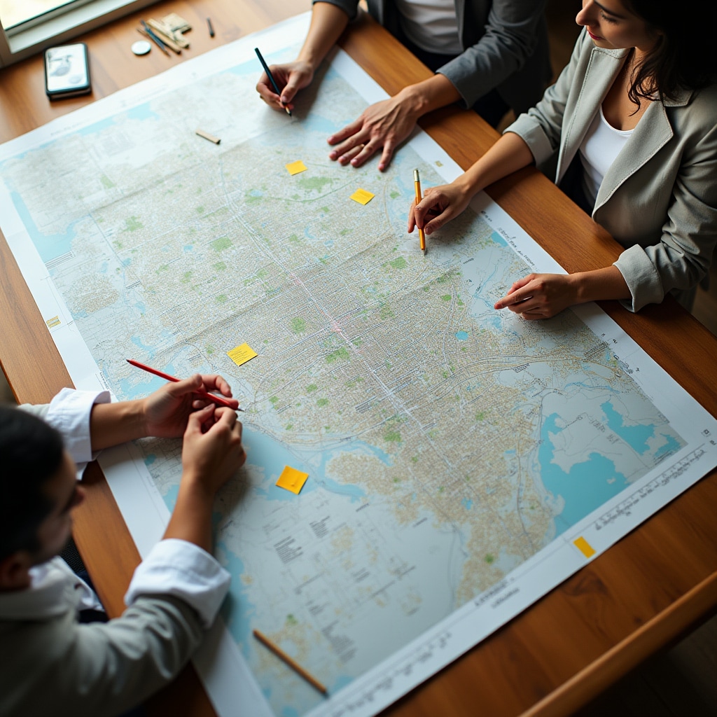 Detailed urban planning map being studied on a large table